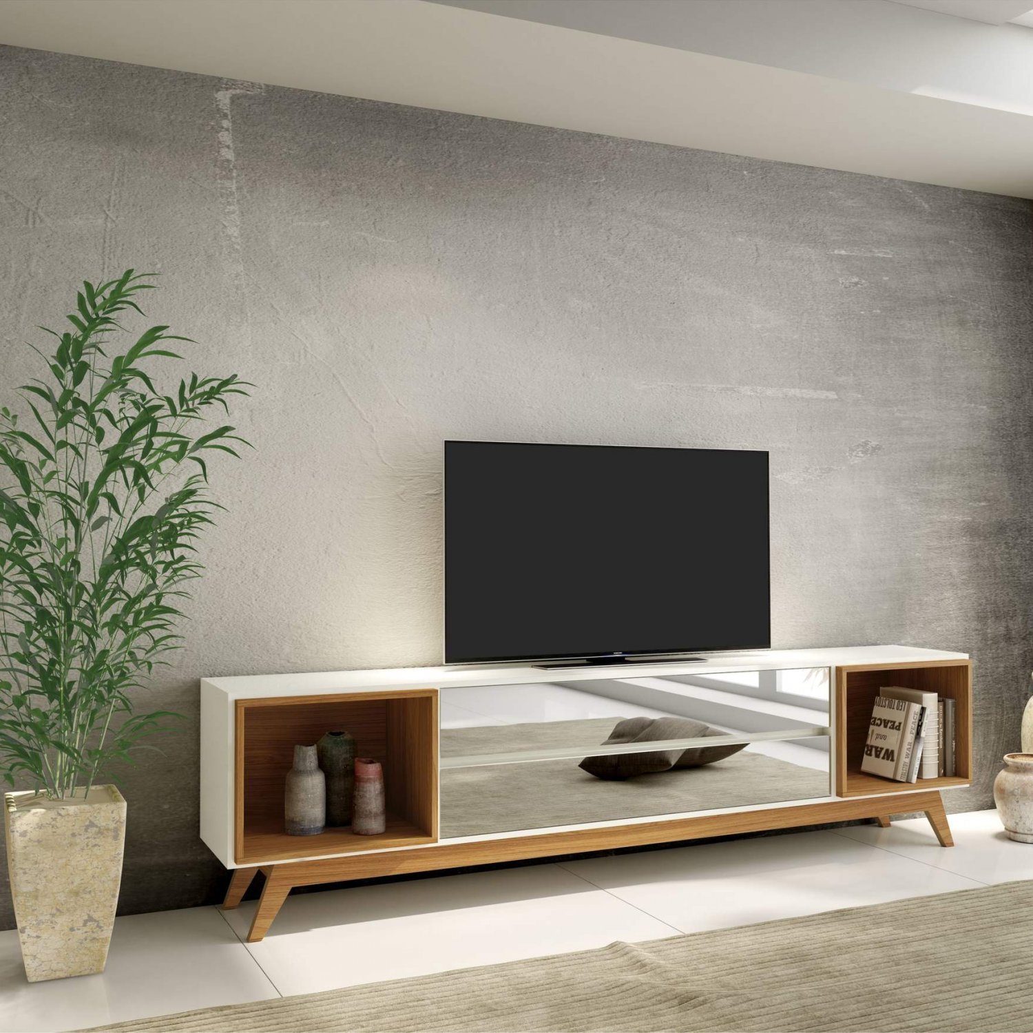Rack Para TV At 55 Polegadas 2 Gavetas Espelhadas E Nichos 220cm Retr 