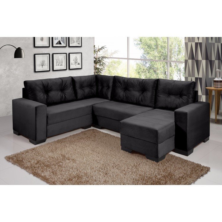 Sofá De Canto 5 Lugares Com Chaise Maria Império Estofados Preto Em Sofá De Canto 5 Lugares Com Chaise Maria Império Estofados Preto