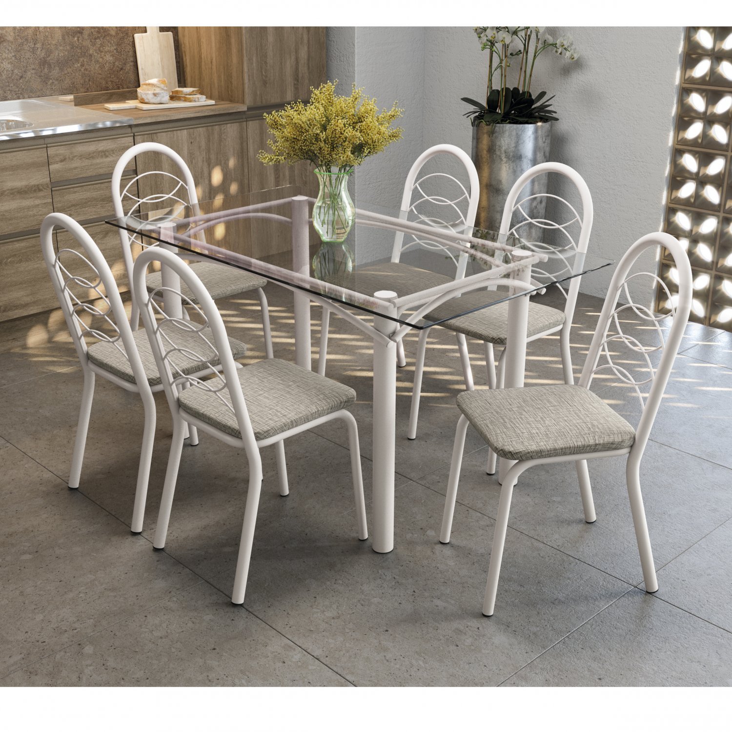 Conjunto de Mesa Tampo Vidro Elba com 6 Cadeiras Holanda Crome Kappesberg Branco Fosco/Linho Conjunto de Mesa Tampo Vidro Elba com 6 Cadeiras Holanda Crome Kappesberg Branco Fosco/Linho