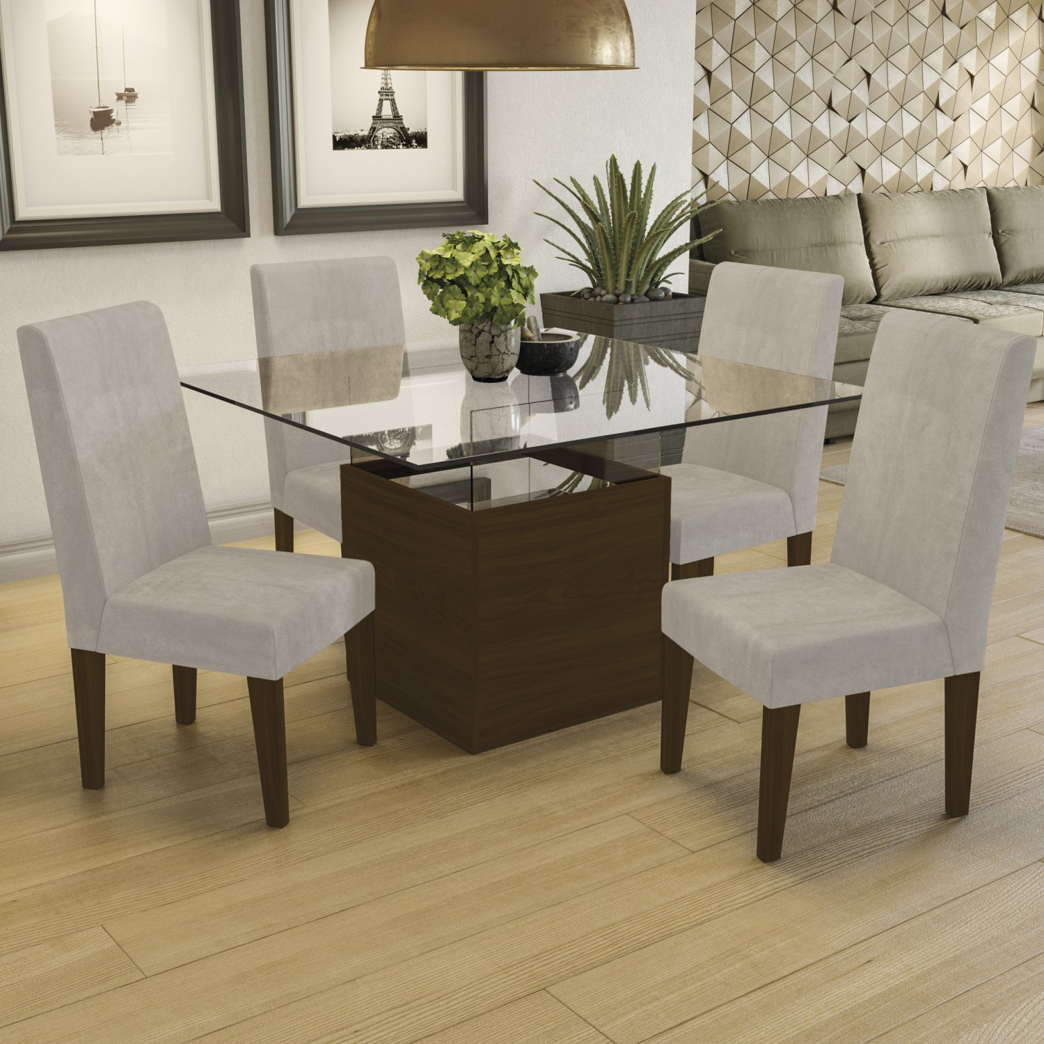 Conjunto Sala de Jantar Mesa Tampo de Vidro e 4 Cadeiras Salvia