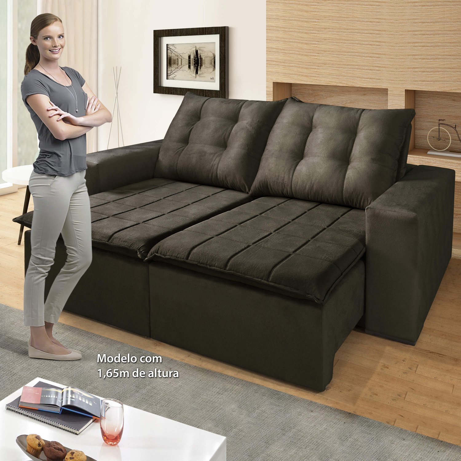 Sofá Retrátil e Reclinável 3 Lugares Atibaia Lufer Estofados Marrom