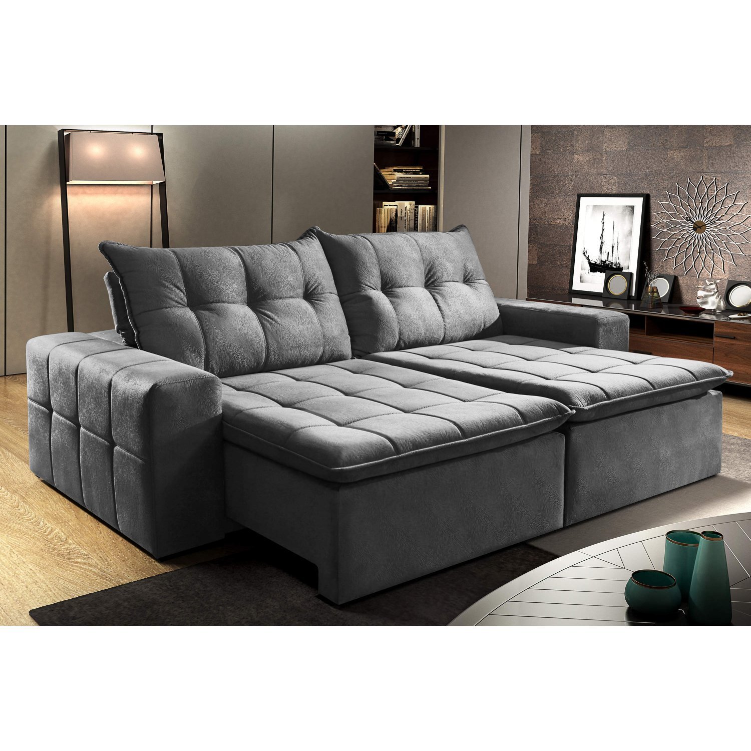 Sofá Retrátil e Reclinável 4 Lugares Siena Móveis Cinza MadeiraMadeira