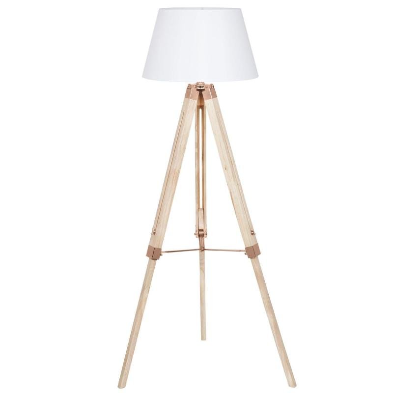 Luminária De Chão Em Madeira E Tecido Com Cúpula Branca MadeiraMadeira