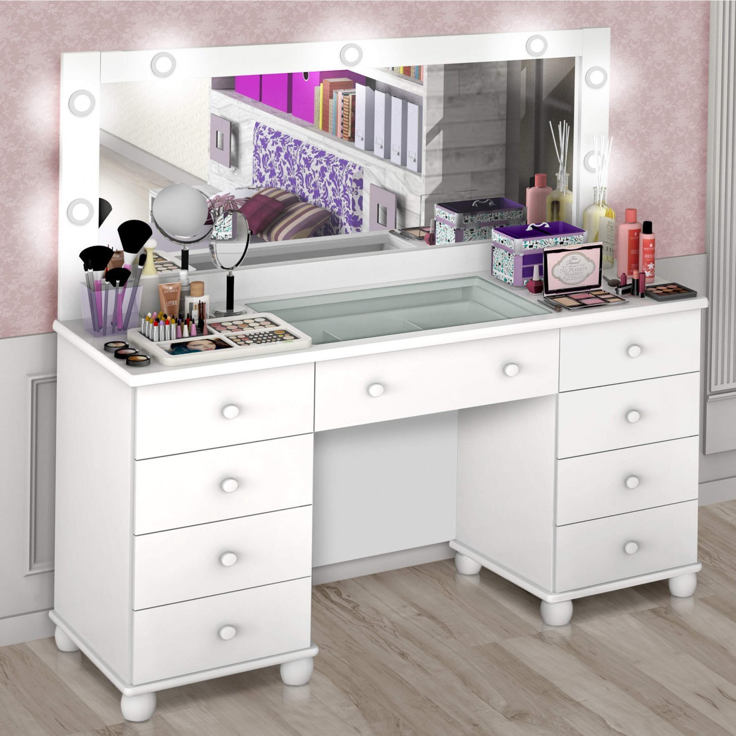 Penteadeira LED com Espelho 9 Gavetas Camarim Planet Baby 